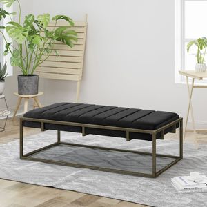 Panca Ottomana Nera in Velluto Imbottito con Finitura in Ottone - Sgabelli e Pouf Eleganti - Product Image 1