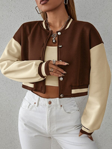 Veste courte de style universitaire pour femme, marron crème, couleur contrastée, manches longues, col boutonné, style streetwear automne - Product Image 5