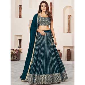 Increíble verde azulado Lentejuelas Georgette Compromiso Wear Lehenga Choli - Product Image 2