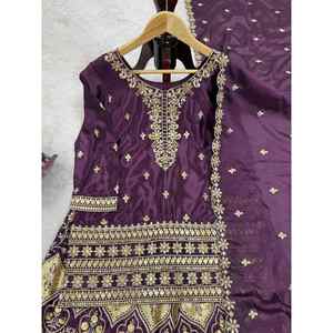 Diseñador Chinon hilo de seda y secuencia de trabajo Top Palazzo con Dupatta Party Wear Ropa Étnica precio al por mayor - Product Image 3