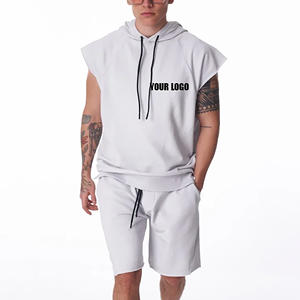 New Arrival Men Summer Hooded Sleeveless Sweatshirt <b>Set</b> 100% Cotton Solid Color Casual Wear Custom Logo Front Print for sale - Product Image 5