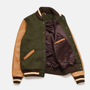 Chaqueta Varsity Verde Oliva para Hombre, Bordado Personalizado, Venta de Invierno, Alta Calidad, Mangas de Cuero Marrón, Cuello Acanalado - Product Image 2
