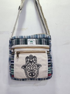 Bohemian Canvas <b>Crossbody</b> <b>Bag</b> With Hamsa Embroidery Striped Pattern Zipper Closure Women's Daily Use - Product Image 4