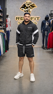 REXFIT SPORTS 2026 Conjunto Personalizado de Chaqueta con Capucha y Pantalones Cortos de Nailon Negro para Hombre, con Paneles Blancos, Cortavientos, Ropa Deportiva, Marca Privada - Product Image 6