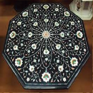 Plateau octogonal en marbre noir présentant un motif étoilé de vigne blanche et des incrustations florales délicates, à prix de gros. - Product Image 1