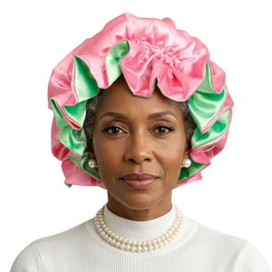 Gorro de Satén Rosa y Verde AKA, Gorro Protector de Cabello con Forro de Seda para Dormir, para Cabello Rizado Natural, Accesorio para el Cuidado del Cabello - Product Image 1