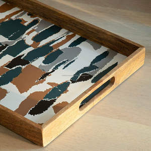 Plateau rectangulaire en bois de manguier, finition naturelle lisse, motif émaillé, vente en gros pour mariage moderne, décoration du Ramadan et Diwali - Product Image 2