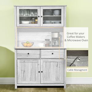 Armoire de rangement moderne gris cendre à 4 étagères avec portes vitrées 63,5 po et comptoir ouvert pour micro-ondes - Product Image 5