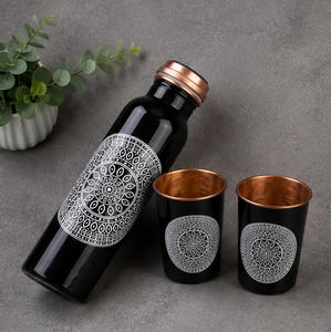 Ensemble de bouteilles en verre gravées de mandalas noirs brillants de qualité supérieure, thermos de voyage portable, design bohème noir et or - Product Image 2