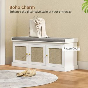Panca Portascarpe in Bambù con Ante in Rattan Intrecciato, Seduta Imbottita e Ripiani Regolabili - Product Image 4