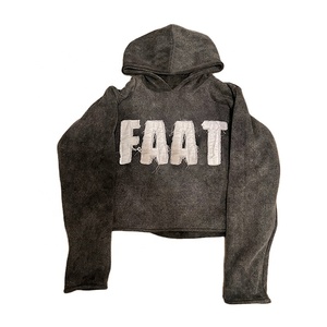 2024 mode Logo personnalisé de haute qualité Vintage surdimensionné Patchwork sweat à capuche court lavage à l'acide pull en détresse Applique à capuche - Product Image 1