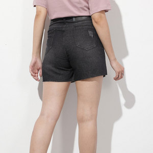 Shorts de mezclilla rasgados de cintura alta para mujer, casuales, con cinco bolsillos, cierre de botón, desgastados, de lona de algodón. - Product Image 4