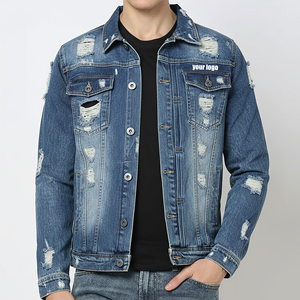 High Quality Long Loose Fit Ripped off Turn Collar Front Denim <b>Jacket</b> Man Light Blue Stone Washed Vintage 100% Cotton Wool <b>Lined</b> - Product Image 4