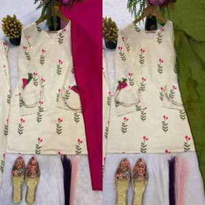 Ensemble Kurta Pyjama en Chiffon 100% Coton à Imprimé Floral, Col en V, Manches Longues, Tenue Décontractée pour Femme, Automne - Product Image 6