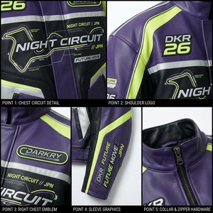 Blouson de moto coupe-vent à col montant, style motard, avec blocs de couleur violet et vert, fermeture éclair, pour la nuit - Product Image 6