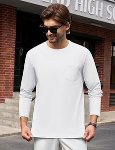 เสื้อยืดแขนยาวสีขาวสำหรับผู้ชาย ทรงปกติ คอกลม ผ้าฝ้ายเจอร์ซีย์ สีพื้นลำลอง มีกระเป๋าหน้า ผ้าฝ้ายแท้ - Product Image 4