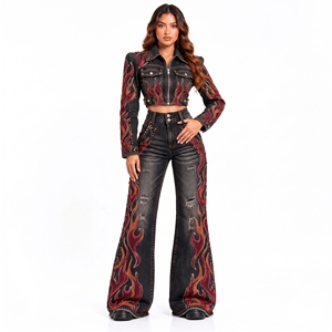 Womens Red Flame Embroidered <b>Black</b> Denim Two Piece Set Distressed <b>Cropped</b> Jacket Wide Leg Jeans Gothic Streetwear - Product Image 1