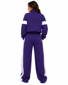 High Neck Zip Jacket <b>Two</b> <b>Piece</b> Athleisure <b>Set</b> Wide Leg <b>Lounge</b> Pants OEM Elastic Cuff and Hem Hoodies Color Block Panel Tracksuit - Product Image 2