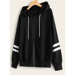 Sweat-shirt à capuche unisexe noir avec manches rayées blanches, coupe ample décontractée, en coton tricoté, pour l'automne - Product Image 5