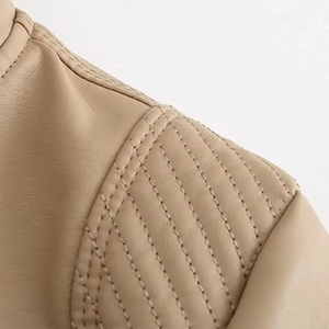 Women's PU Leather Moto Jacket Stand Collar Full Sleeve Zipper Closure Windproof Solid Color Autumn Wear - Product Image 5