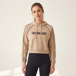 Wholesale Beige <b>Women</b> Crop <b>hoodie</b> Winter Cotton Ladies Hooded Gym <b>Long</b> Sleeve Cropped Sweatshirt <b>Women's</b> Custom Logo <b>Hoodie</b> - Product Image 1