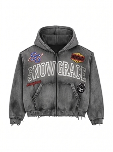 เสื้อฮู้ดซิปครอปทรงโอเวอร์ไซส์ Snowgrace ดีไซน์ขาดๆ แต่งกระเป๋าหน้า พร้อมโลโก้ เสื้อผ้าลำลองสำหรับผู้ชาย ใส่ได้ในช่วงฤดูใบไม้ร่วง - Product Image 1