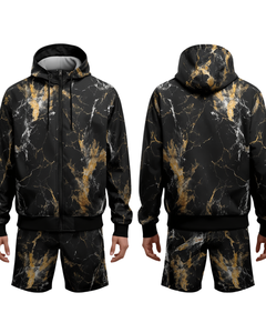 Men Marble Print Hooded <b>Tracksuit</b> Set Full Sleeve Zipper Casual Activewear Shorts Breathable Polyester Autumn Wear - Product Image 1