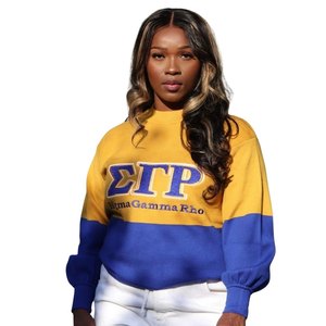 เสื้อสเวตเตอร์ Sigma Gamma Rho สีน้ำเงินทอง ลายบล็อกสี สำหรับผู้หญิง คอวี ถักนิตติ้ง สไตล์ลำลอง อบอุ่น สไตล์สมาคมนักศึกษากรีก - Product Image 1
