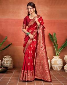 <b>Red</b> Silk <b>Saree</b> With Gold Zari Work Traditional Wedding Wear For Women India Pakistan - Product Image 2