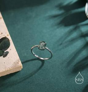 Bague de fiançailles classique à pierre unique en agate mousse de coupe ovale en argent sterling, bague en agate mousse naturelle, bague en agate mousse véritable - Product Image 3