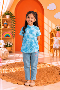 Chemise Henley à manches courtes pour filles, bleu tie-dye, col montant, décontractée, pour l'été - Product Image 1