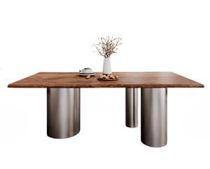 Table de salle à manger moderne pour la maison et la cuisine, avec base en acier inoxydable de style pilier et plateau en bois d'acacia massif à bords naturels, finition noyer - Product Image 1