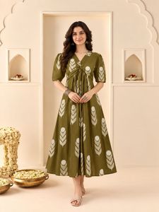 Green V-Neck A-Line Midi <b>Dress</b> <b>With</b> Leaf Print Short <b>Sleeve</b> Wrap And Tie Casual <b>Summer</b> <b>Dress</b> - Product Image 4