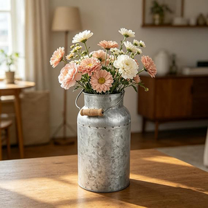แจกันโลหะทรงถังนมสีเงินสไตล์ชนบท ดีไซน์เก๋ไก๋แบบ Shabby Chic พร้อมเคลือบกัลวาไนซ์ - Product Image 1