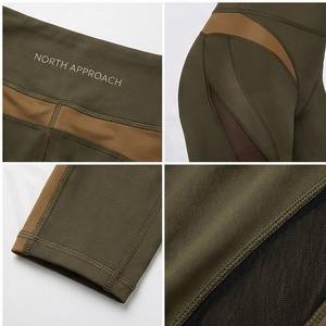 Leggings de yoga taille haute pleine longueur avec empiècements transparents découpés, couleur vert olive uni, en Spandex et Polyester, conception sans couture - Product Image 4