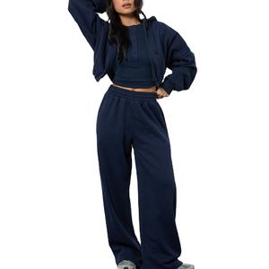 Survêtement de haute qualité pour femmes avec haut court à manches longues et pantalon large décontracté avec fermeture éclair pour l'hiver - Product Image 1