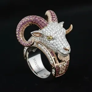 Bague de luxe en argent sterling 925 avec moissanite couleur D VVS, motif Chèvre Maléfique, style Hip Hop, entièrement sertie de pierres brillantes, bijou pour homme, cadeau - Product Image 4