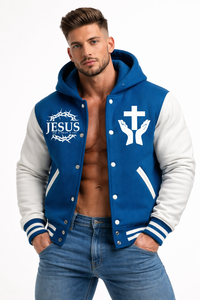 Nouvelle veste de baseball chrétienne pour homme avec capuche, bleu et blanc, broderie JESUS, boutons-pression, style streetwear - Product Image 3