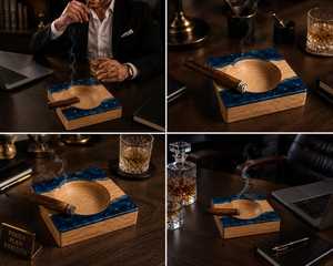 Curio Craft Modern American Style Square Wooden Desktop <b>Ashtray</b> with Cigar Holder <b>for</b> Home Use - Product Image 3