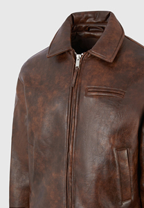Chaqueta Bomber de Cuero Genuino Marrón para Hombre, Cuello Camisero, Cierre de Cremallera, Estilo Casual de Otoño, Corte Regular - Product Image 4