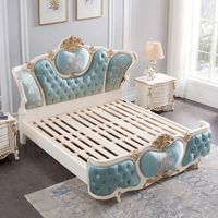 Offre Spéciale : Ensemble de Chambre Kiky Home Furniture Luxe Traditionnel Blanc et Bleu en Bois d'Acajou, Lit Rembourré en Velours Écologique et Durable
