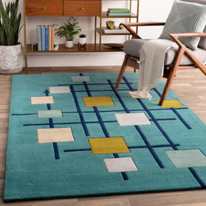 Tapis géométrique en laine bleu sarcelle avec des carrés abstraits, tissé à la main, tapis moderne d'intérieur pour le salon, la chambre à coucher, décoration - Product Image 4