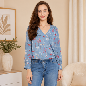 Robe en satin à imprimé floral bleu de qualité supérieure pour femmes, col en V, manches bouffantes, coupe ample décontractée, printemps-été - Product Image 1