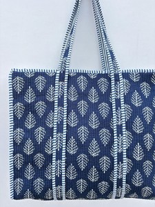 Bolsa de Mano de Algodón Azul de Diseño con Patrón de Hojas Blancas, Estilo Bohemio, Casual de Verano, con Cierre, para Compras y Viajes, para Mujer - Product Image 4