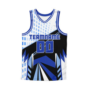 Conjunto de Uniforme de Baloncesto Sublimado Personalizado Azul Negro Blanco con Nombre del Equipo 00 Cuello en V Sin Mangas Uniforme Transpirable para Adultos - Product Image 2