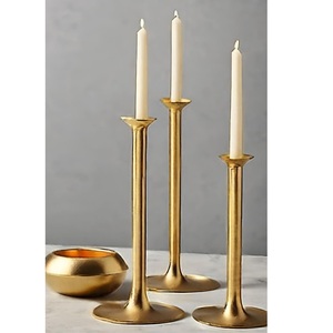 Architectural Polished <b>Brass</b> Taper <b>Candlestick</b> Set of 3 with Matching Votive Bowl Flared Collar Tube Spires for Modern Mantels - Product Image 1