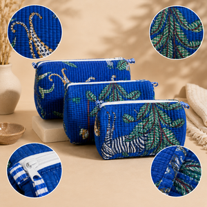 Blue Quilted Cosmetic Bag Set: Zebra, Leopard, Palm Prints, Multi-Sized Zipper Pouches for <b>Makeup</b>, Travel, and Toiletries - Product Image 4