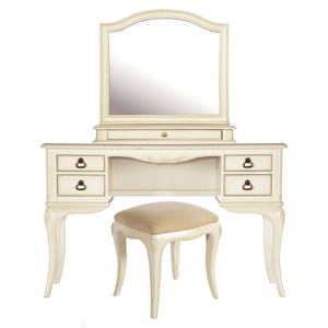 Elegante Juego de Tocador Provincial Francés de Teca Sólida con Espejo Arqueado y Taburete – Mesa de Maquillaje Blanco Hueso - Product Image 1