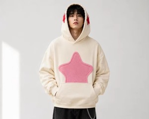 Sweat-shirt en molleton décontracté pour homme, couleur crème, avec appliqué étoile rose, coupe ample, broderie personnalisée, streetwear, vêtements d'automne et d'hiver - Product Image 5