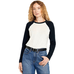 Camiseta de Manga Larga Raglán Azul Marino y Blanca para Mujer, Mezcla de Algodón Suave, Informal, de Verano, Secado Rápido, Transpirable, Suministro de Fábrica - Product Image 4